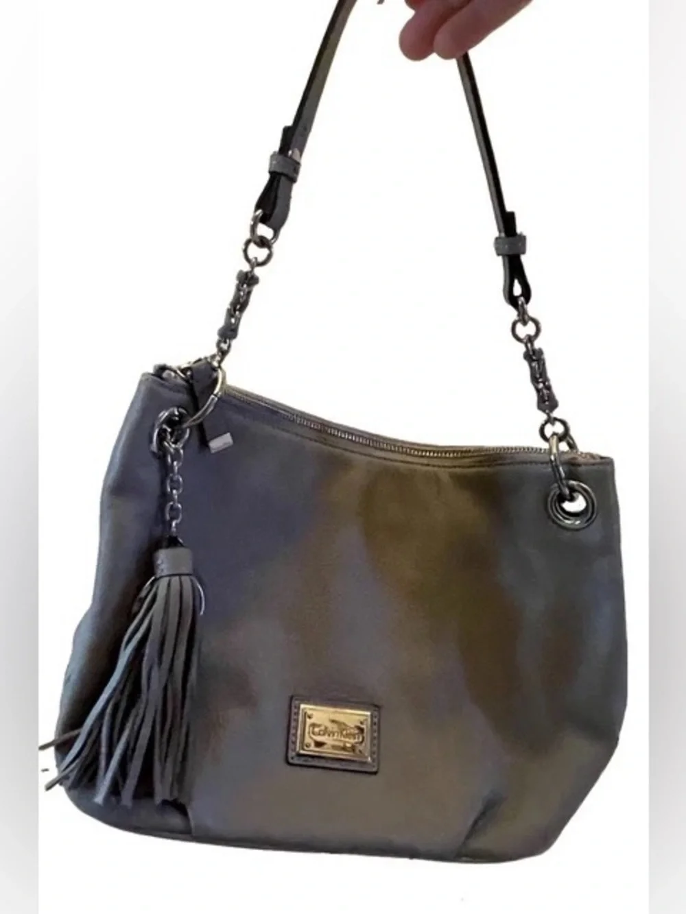 Calvin Klein Gray Pebbled Leather Hobo Shoulder Bag with Tassel & CK Charm